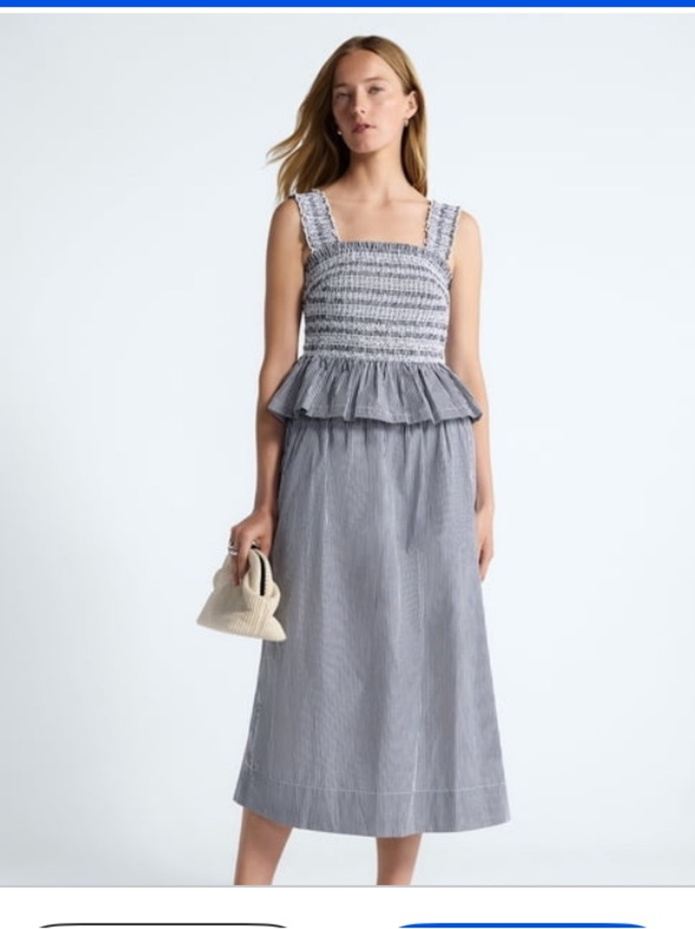 Free Assembly Smocked Peplum Midi Skirt in Navy, White